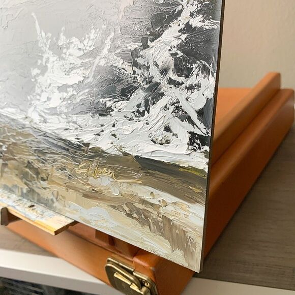 Original Oil Painting Contemporary Seascape Rocks Sea Spray Clouds 16x20 Signed - Picture 3 of 10